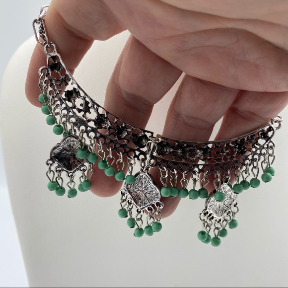 Southwestern Boho Silver Tone Multi Strand Dangling Beaded Statement Necklace - Picture 7 of 14